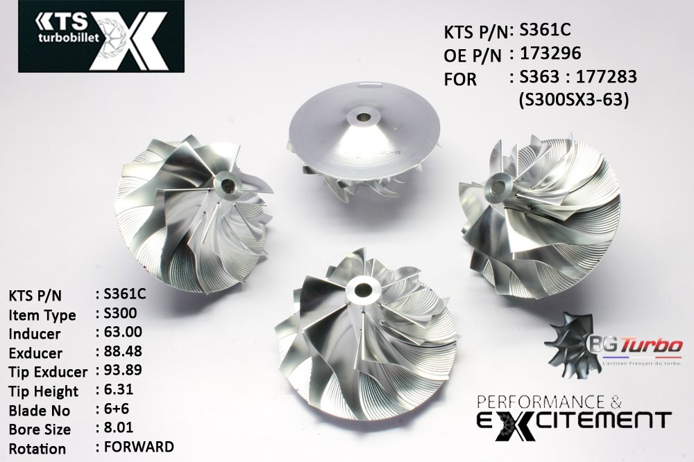 Turbo ROUE FORGÉE MFS PERFORMANCE - 6+6 PALES - INDUCER : 63 - EXDUCER : 88,481 - TYPE : S300ANGLE : 45° - ROTATION : Forward - SUPER BACK : 6,98 - BORE SIZE : 8,01
